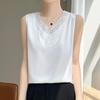 Women's Champagne Camisole Elegant V-Neck Sleeveless Lace Trim Silk-Like Top