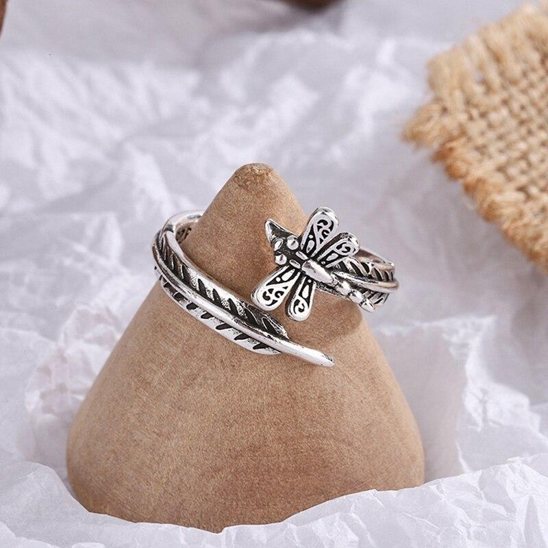 Silver Color Retro Dragonfly Leaf Ring For Women Simple Party Jewelry Gift  New Dropshipping