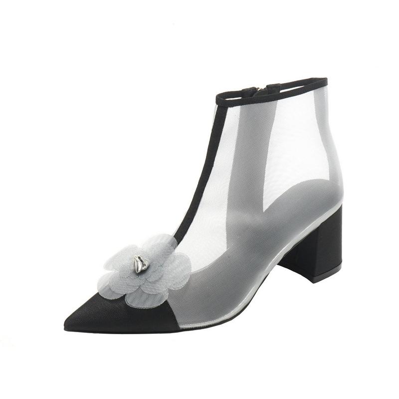 Fashion FHC Women Camellia Flower Mesh Boots,Short Botas,Summer Shoes,Pointed Toe,Side Zip,Europea Style,33-40,Grey,Black,Pink,Dropship