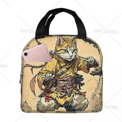 Shaolin Cat Mastering Martial Art Insulated Lunch Bag Thermal Cooler Lunch Box with Pocket for Woman Men Kids Work Picnic School