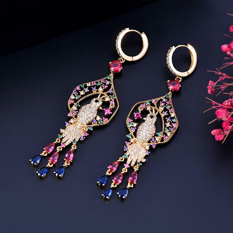 1pc Vivid Lucky Bird Golden Multicolor Synthetic Synthetic Zirconia Pendant Long Tassel Party Drop Earrings for Women Dancing Jewelry