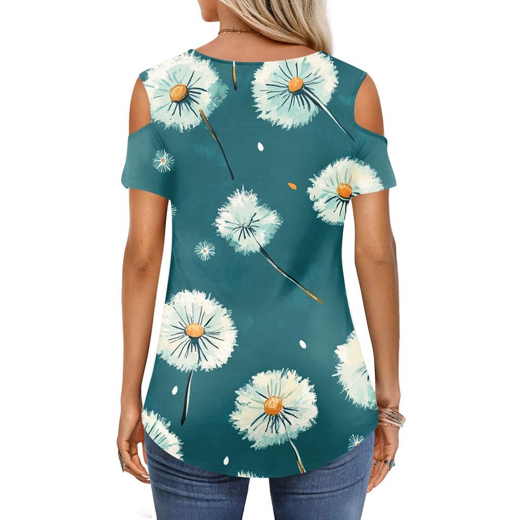 Women's Summer Fashion Casual Floral Print Off-the-shoulder V-neck Short-sleeved T-shirt Top