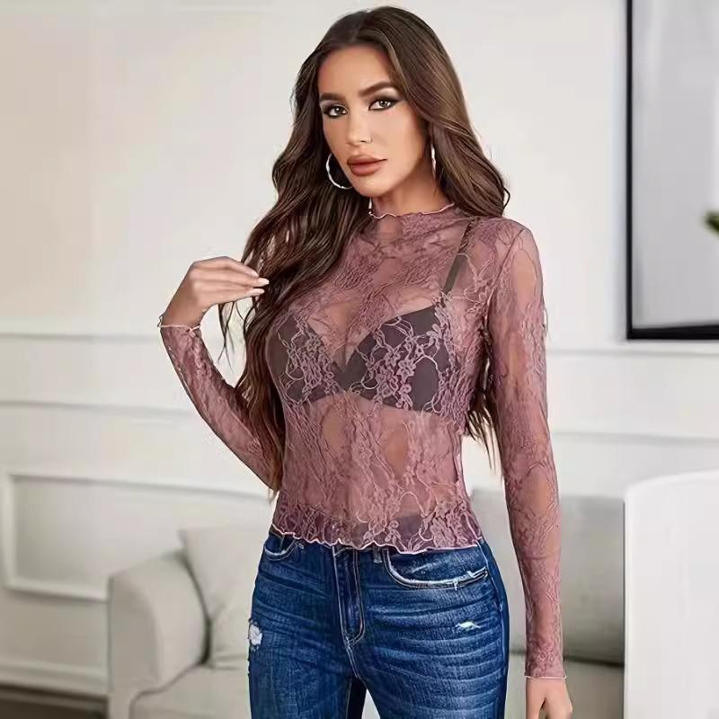 New Lace See Through Sexy Mesh Women Blouse Long Sleeve Tops Transparent Floral Shirt Thin Perspective Lace Shirts Spring Summer Sweet Elegant Blouse
