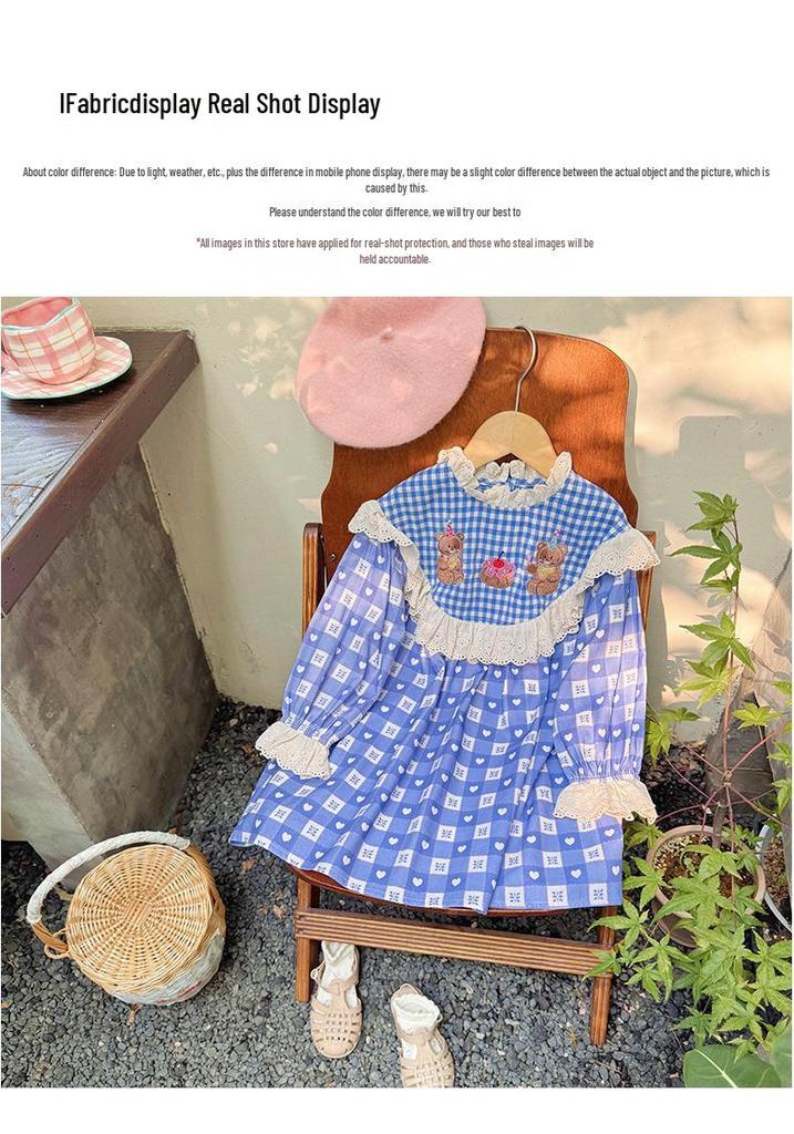 Autumn 2026 Korean-Style Plaid Girl's Dress with Little Bear Embroidery, Doll Collar, and Ruffle Lace