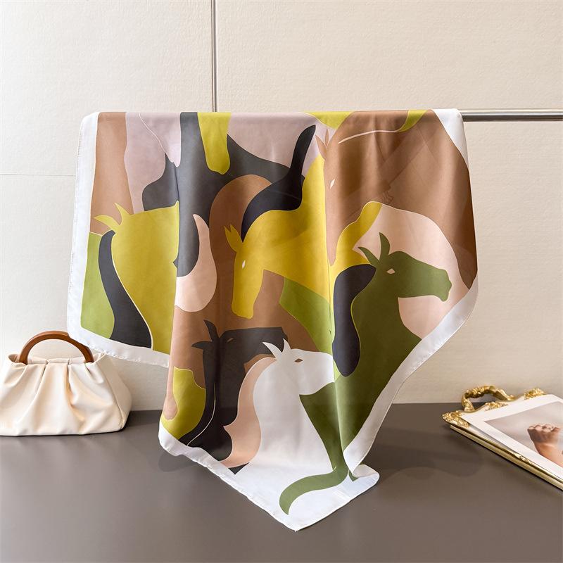 Luxury Horse Print Square Silk Scarf Women Neck Tie Soft Hijab Headscarf Female Fashion Decorate Head Scarf Foulard Bandana