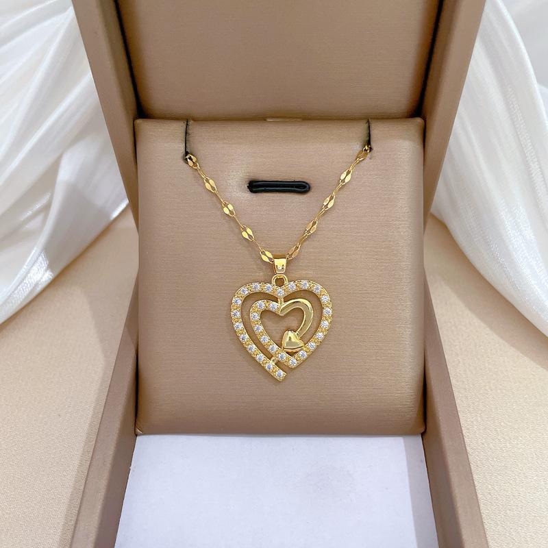 Three-Layer Love Full Diamond Light Luxury Temperament Gorgeous Full Diamond Necklace Female Versatile Collarbone Chain Titanium Steel Chain