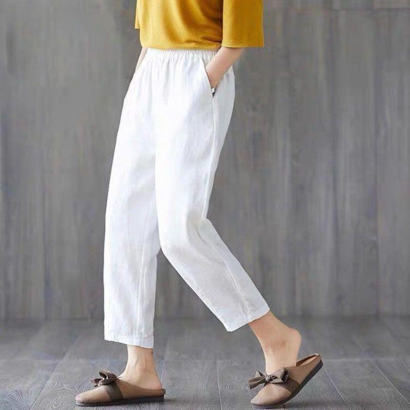 Cotton Linen Casual Female Pants Korean Style Loose Tapered Long Pants For Women