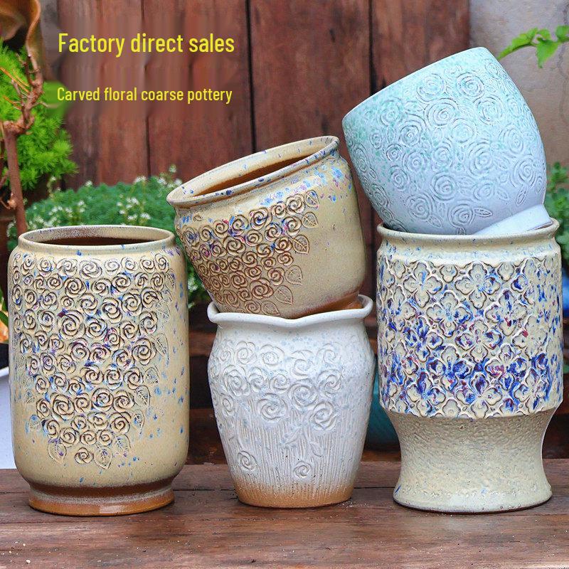 Vaso per Succulente in Ceramica Grezza Fatto a Mano - Fioriera Orchidea Intagliata con Ampia Bocca