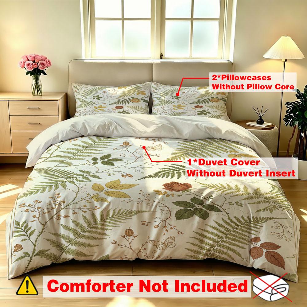 Duvet Cover Set 3Pcs Botanical Fern Leaf Print Soft Microfiber Bedding with Pillowcases Minimalist Bedroom Decor