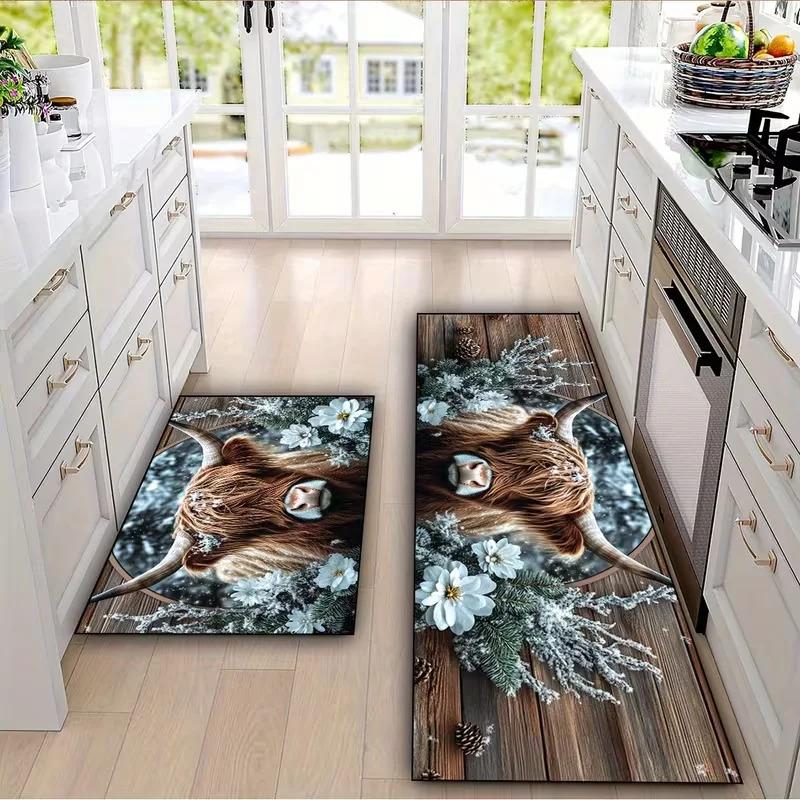 VIKAMA 1/2pcs Highland Cow Kitchen Rug Non-slip, Easy-clean Hallway Entrance Doormat Living Room Bedroom Rug Home Decor