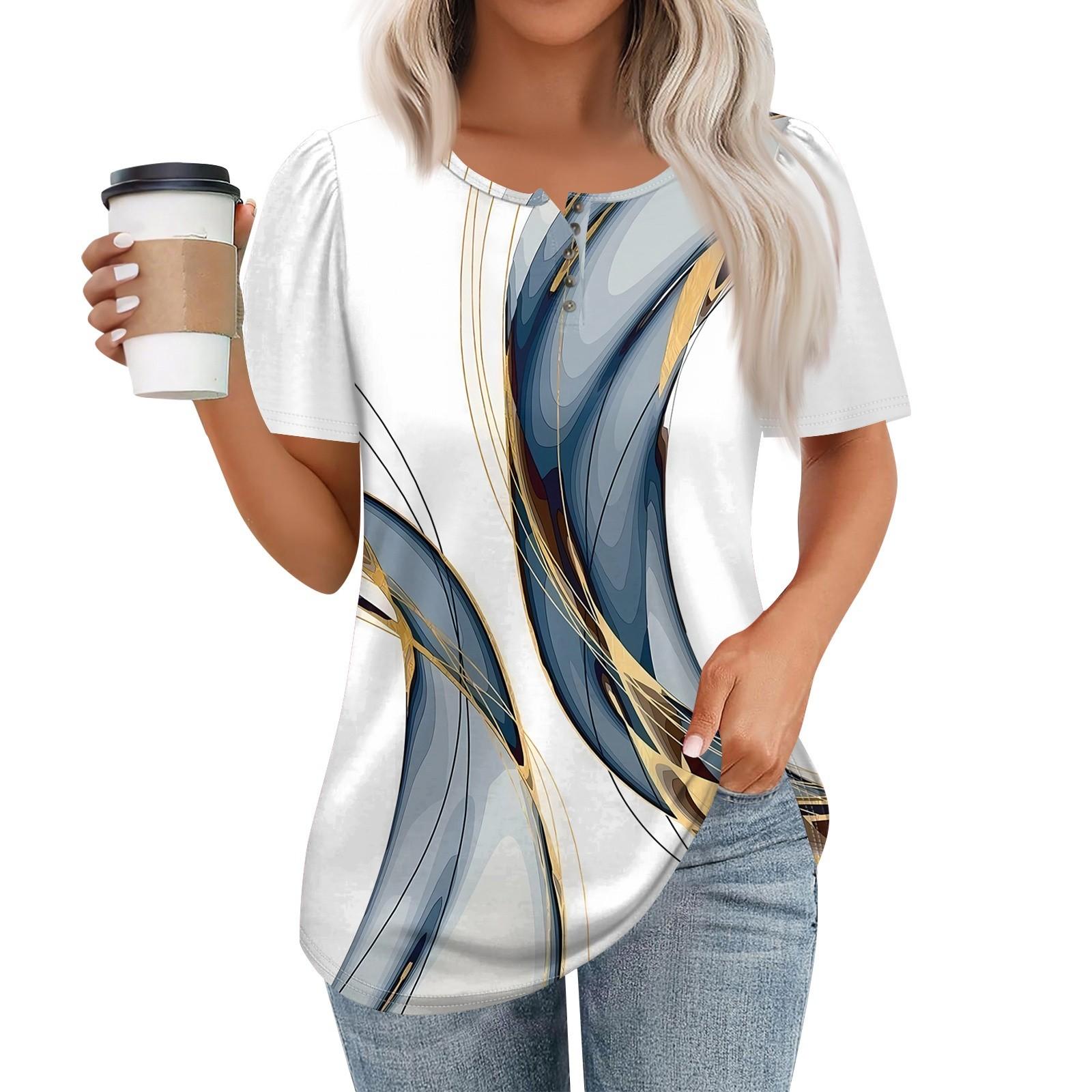 

Женский модный повседневный короткий рукав пуловер с принтом на пуговицах и круглым вырезом XL белый