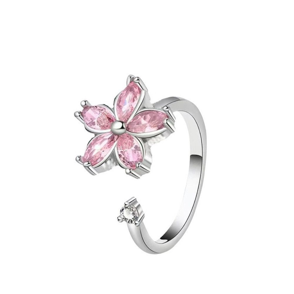Female Ring Cherry Blossom Ring Rotating Design Pink Zircon Ring Floral Synthetic Ring Daily Wear