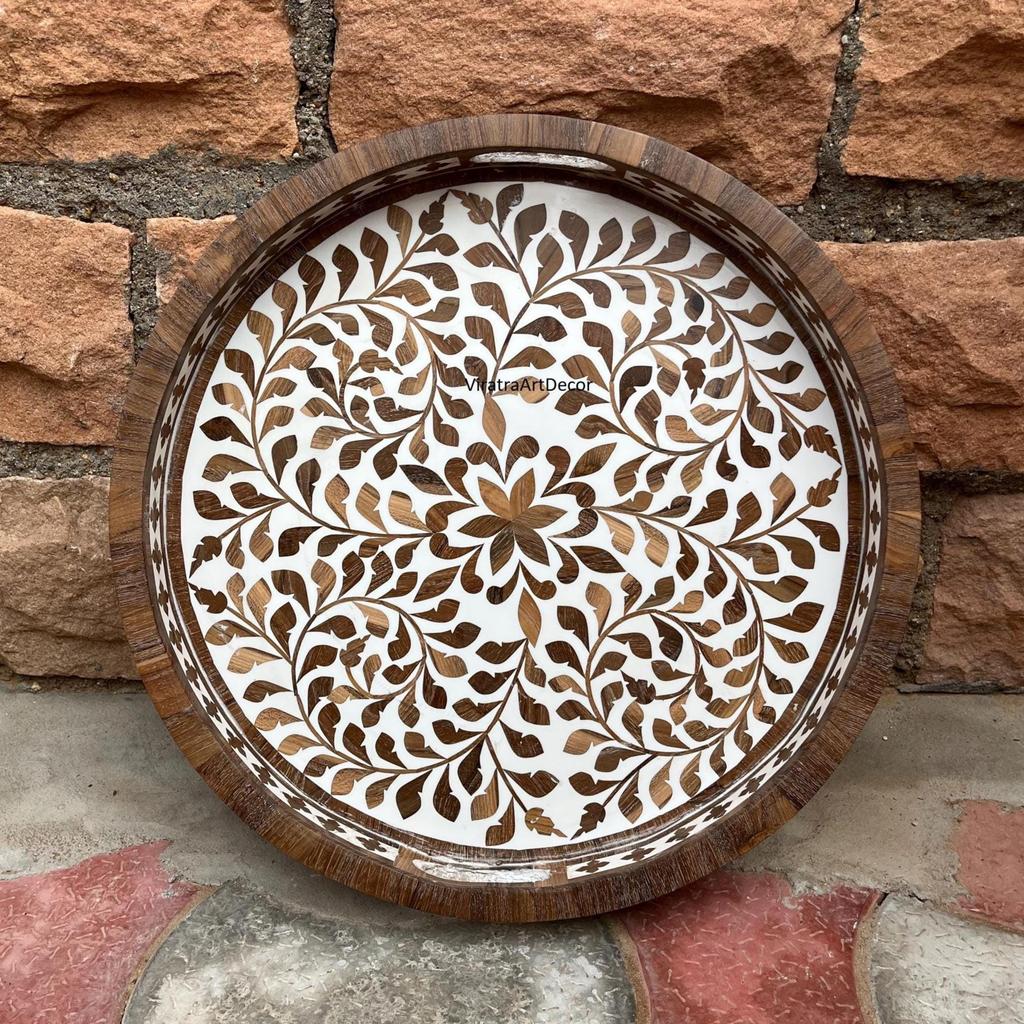 Wooden Inlay Decorative Tray  Round Floral Pattern Serving Tray | Bone Inlay Style | Boho Coffee Table Tray | Kitchen Bone Decor Tray