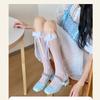 Japanese Style Ruffle Lace Trim Over the Calf Socks for Women Cute Ribbon Bowknot Hollowed Out Heart Fishnet Stockings