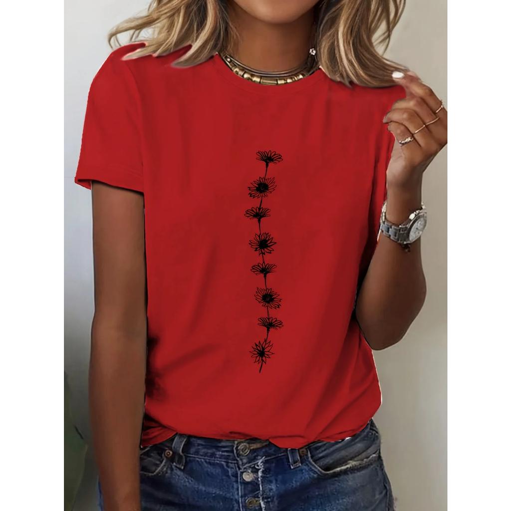 Summer Round Neck Simple Flower Pattern 3D Print Top Fashionable Casual Short Sleeved Women's T-shirts
