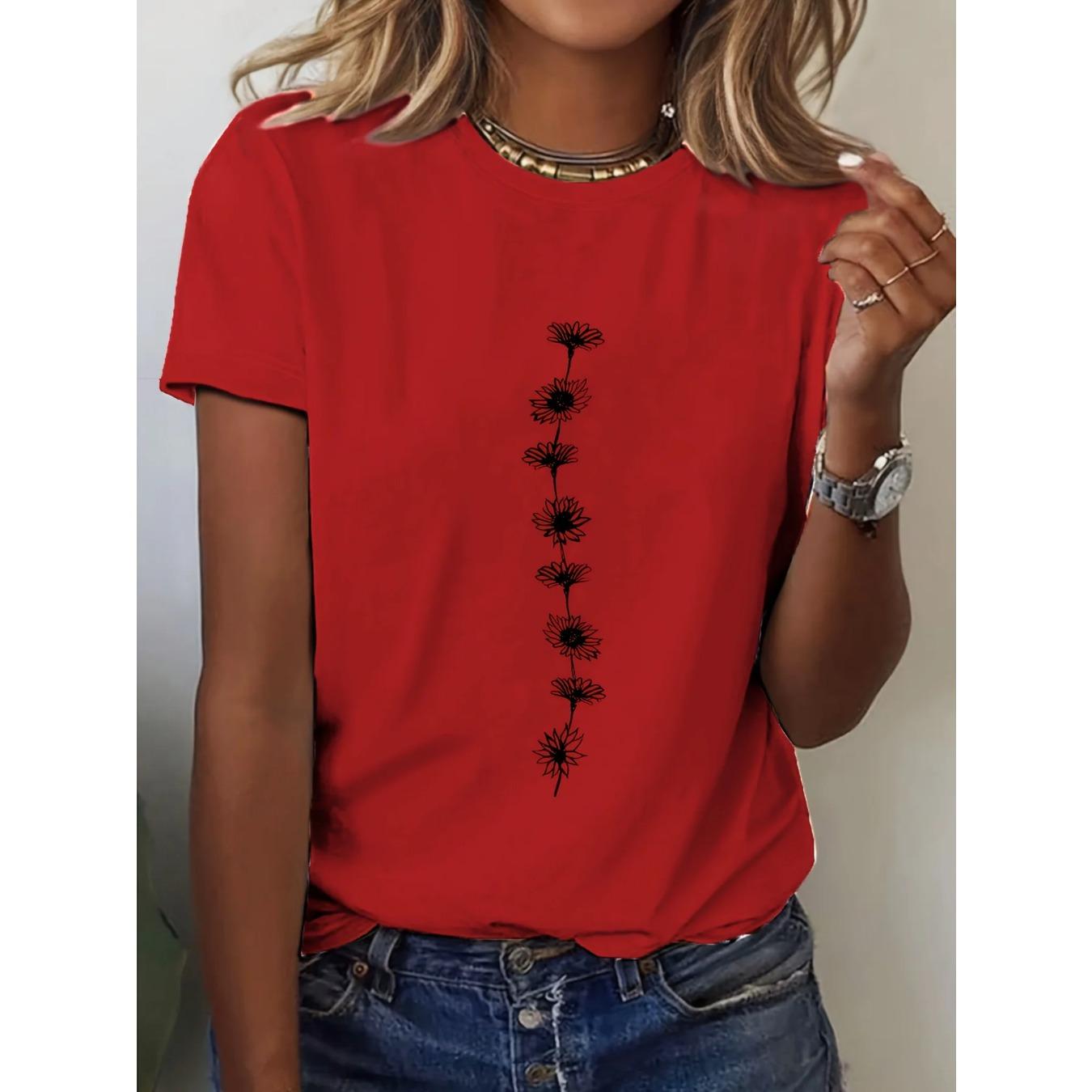 

Летний топ с круглым вырезом, простым цветочным узором и 3D-принтом, модная повседневная женская футболка с коротким рукавом XS