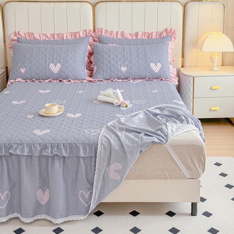 Thickened Pure Cotton Padded Bed Skirt Bedspread Cotton Padded Ruffle Edge Protection Non-slip Pillowcase Bedspread Cover