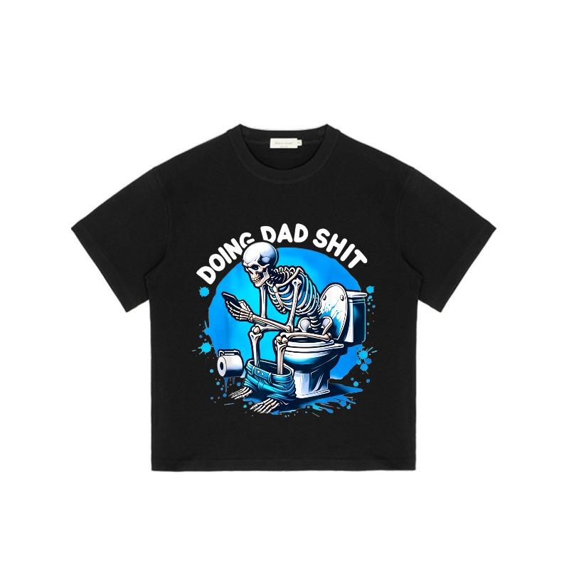 Black T Shirt Doing Dad Shit Skeleton Toilet Graphic For Casual Wear