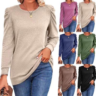 Damenpullover, Winteroberteile für Damen, lässig, langärmelig, T-Shirts, Rundhalsausschnitt, Solod-Farbblusen, lockere Damen-Baumwollhemden in Übergröße