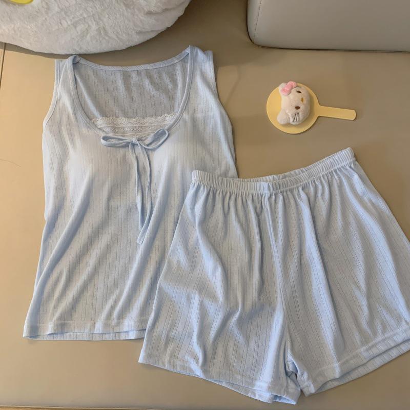 Women's Blue Sleeveless Pajama Shorts Set with Chest Pads, Summer Korean Style, Fresh Girly Design, Perfect for Home or Outdoors.