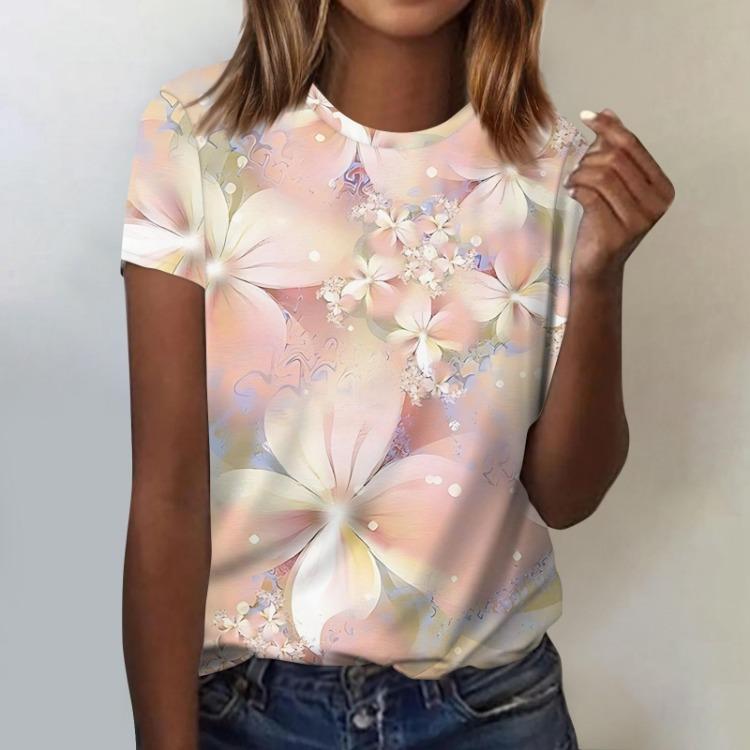 Summer Round Neck 3D Print Flower Pattern Top Fashionable Casual Short Sleeved Women's T-shirts