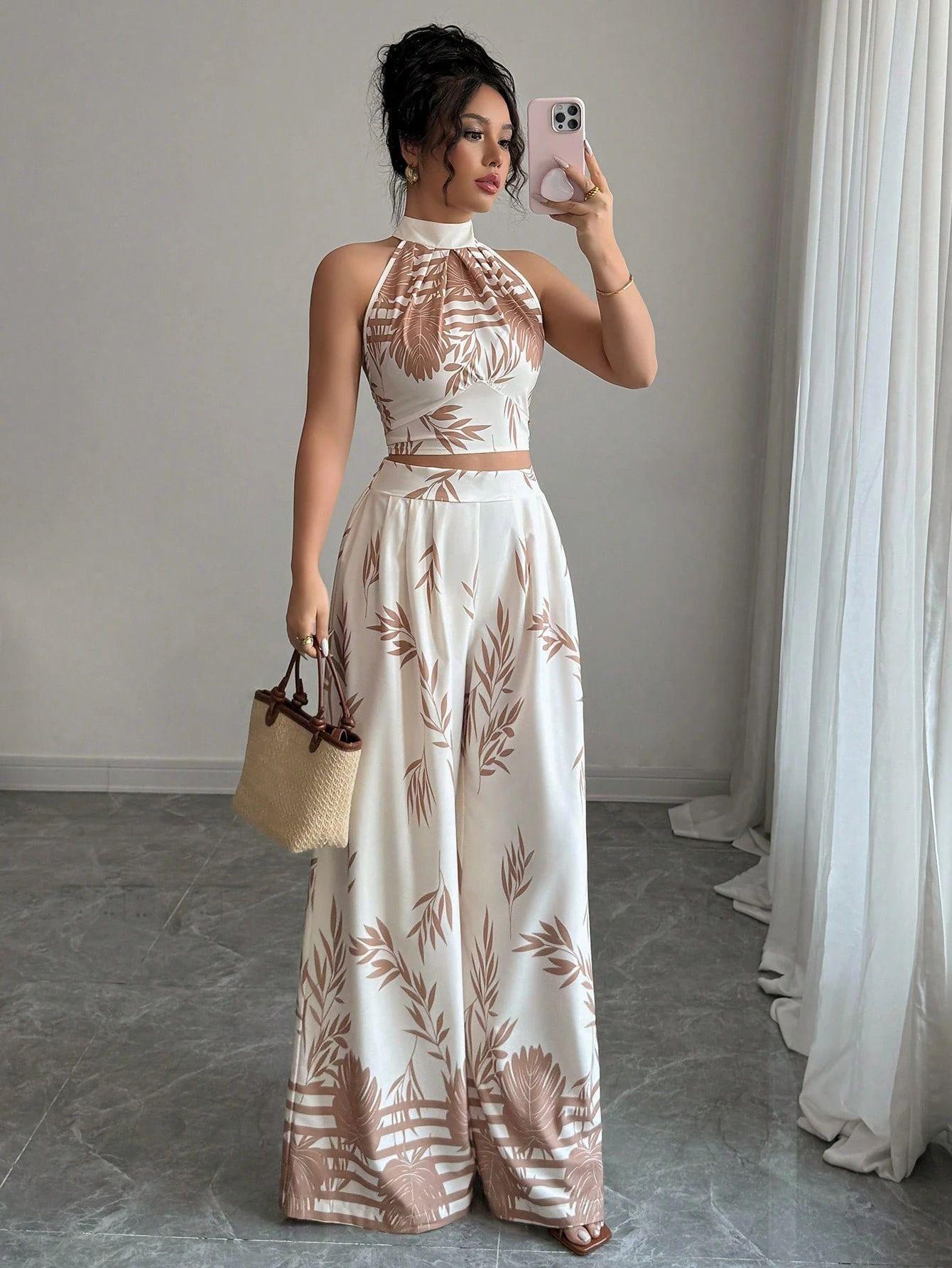 

Womens Off Shoulder Halter Two Piece Set with Leaf Print Wide Leg Pants S