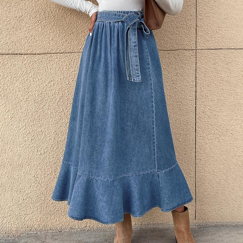 Women Elastic High Waist Bandage  A Line Ruffles Jean Denim Skirt