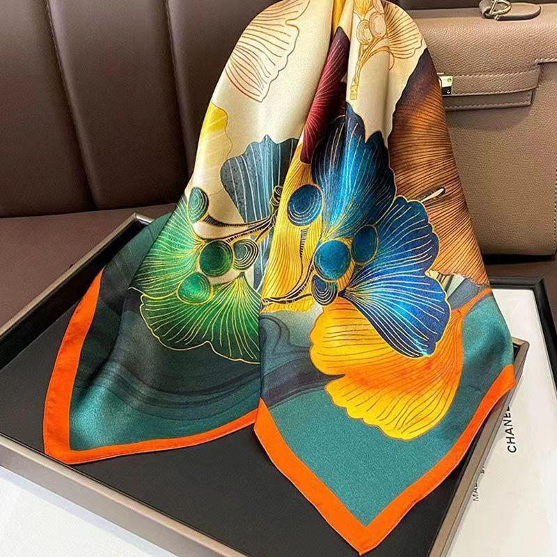 High-End Women's Lightweight Silk Square Scarf - Temperament Print Neckerchief for Neck Protection and Decoration.