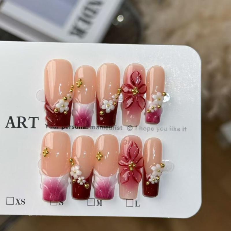 Handmade Press On Nails Red Gradient with 3D White Flower & Gold Beads XS
