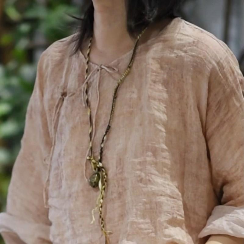 Johnature Women Chinese Style Shirts Solid Color O-Neck Long Sleeve Autumn Blouses Belt Loose Vintage Shirts