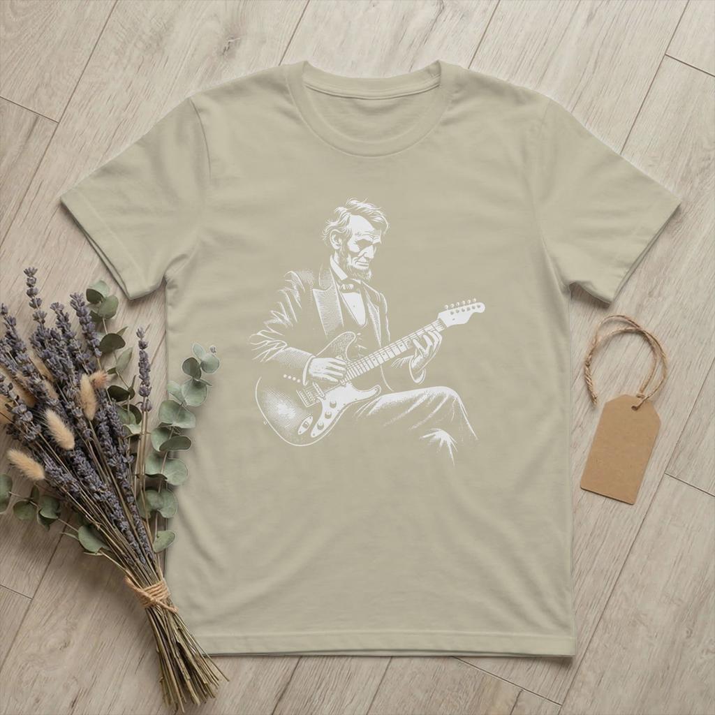 Unisexs TShirts Abraham Lincoln Playing Electric Guitar Funny Vintage Cotton Tee Short Sleeve T Shirts Crewneck Merch Printing