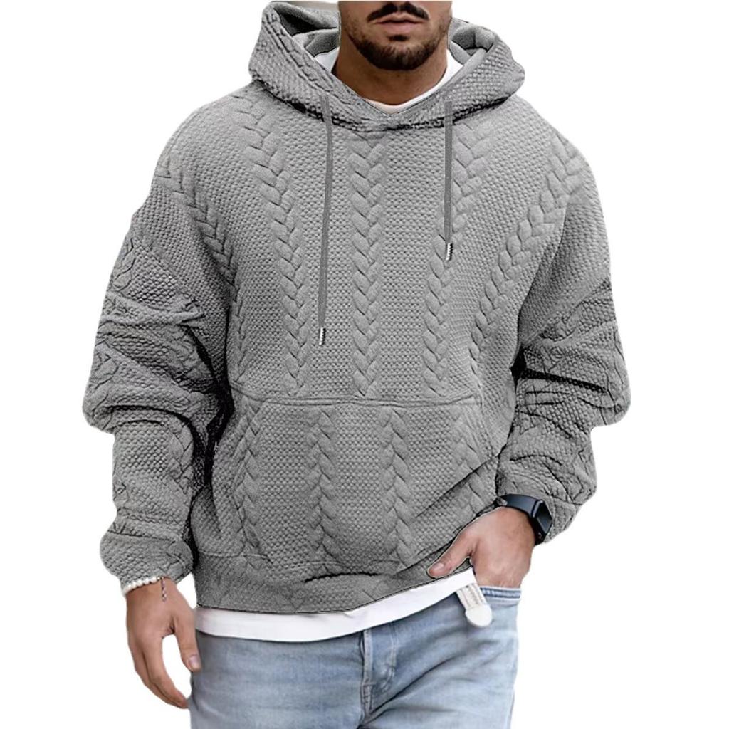 New Autumn Men's Plus Size Casual Jacket Jacquard Hooded Solid Color Lace Up Long Sleeved Sweatshirt for Men