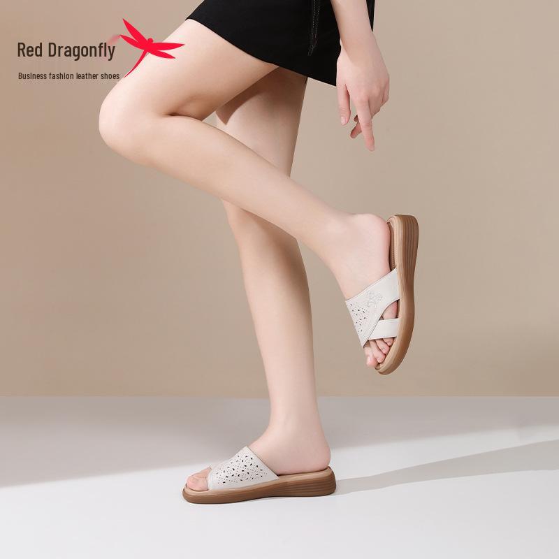 Red Dragonfly Women's Genuine Leather Non-slip Summer Slippers - Hollow Flat Bottom Cowhide Sandals for Middle-aged and Elderly.