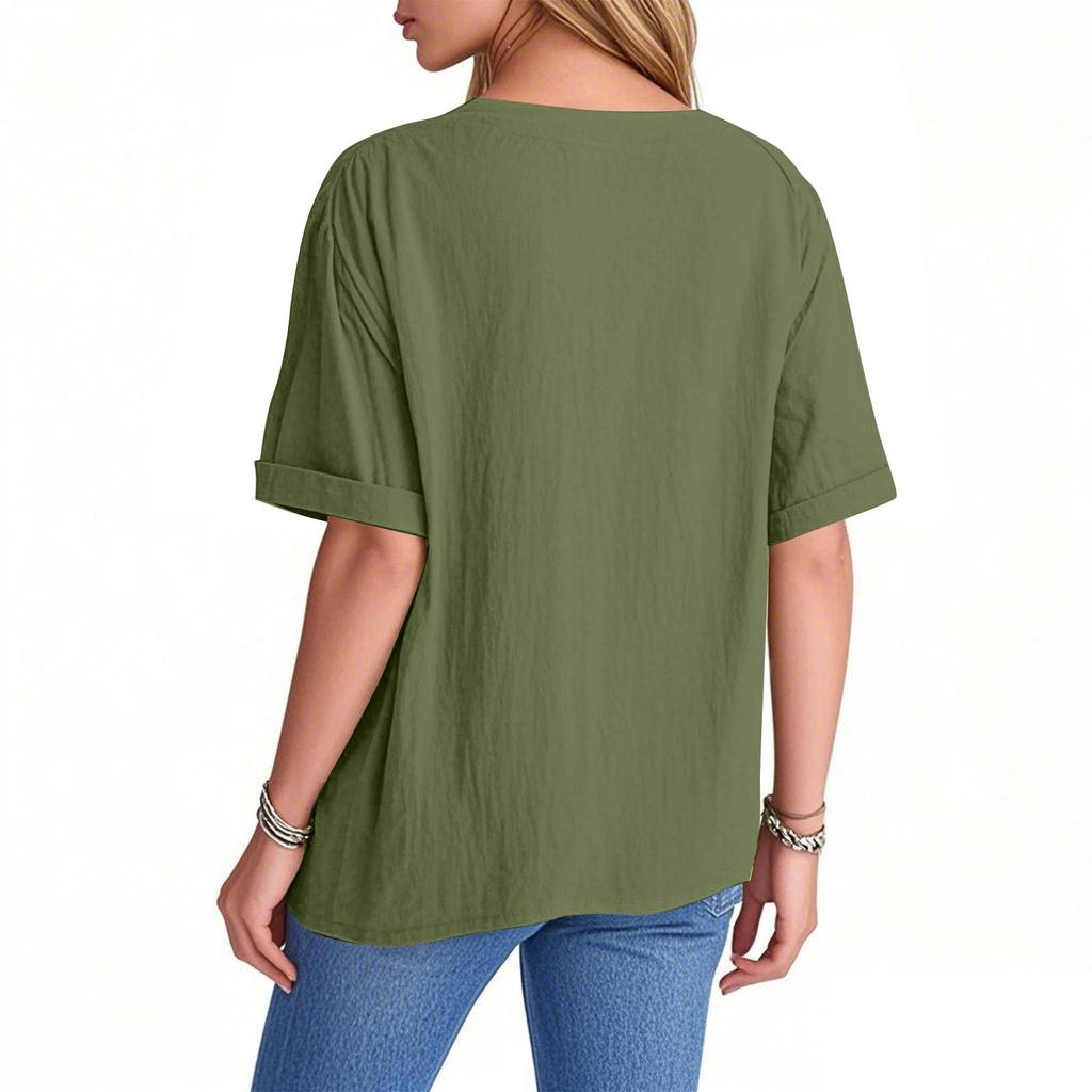 Damenmode Lockeres Lässiges Sommer-T-Shirt mit V-Ausschnitt und kurzen Ärmeln
