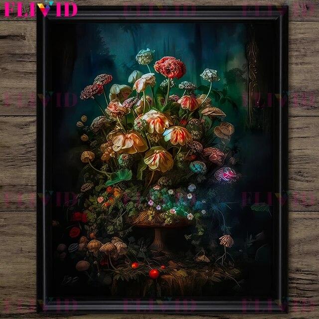 Dark Forest Mushroom And Vintage Pink Roses Vintage Wall Art Print Dark Botanical Witchcraft Gothic Art Poster Print Decoration No Frame