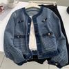 Jachete din Denim cu Gât Rotund și Nasturi Unul Peste Altul pentru Femei Primăvară Albastru Alb Tweed Denim Paltoane Design cu Nasturi Îmbrăcăminte Exterioară Casual