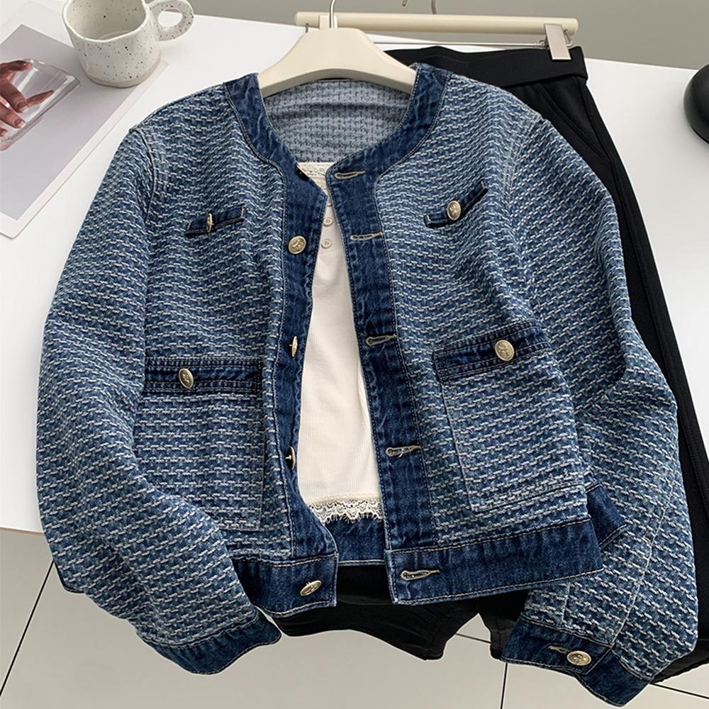 Jachete din Denim cu Gât Rotund și Nasturi Unul Peste Altul pentru Femei Primăvară Albastru Alb Tweed Denim Paltoane Design cu Nasturi Îmbrăcăminte Exterioară Casual