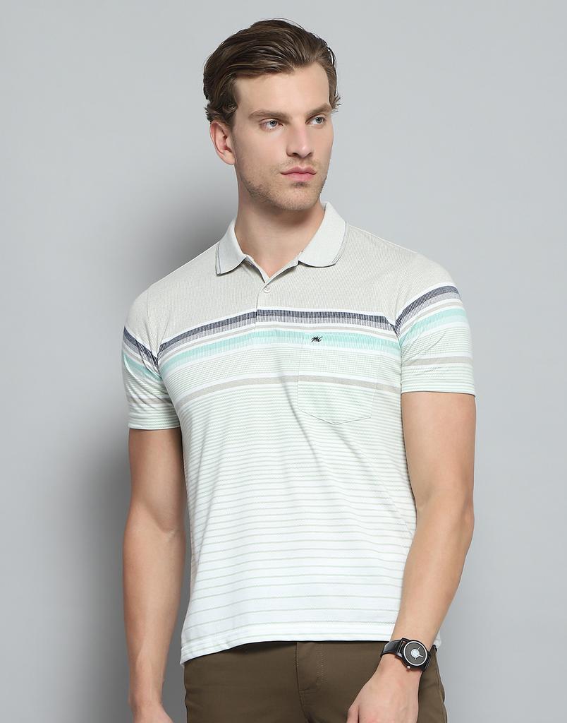 Monte Carlo Mens Striped Green Collar Neck Half Sleeve T-Shirt