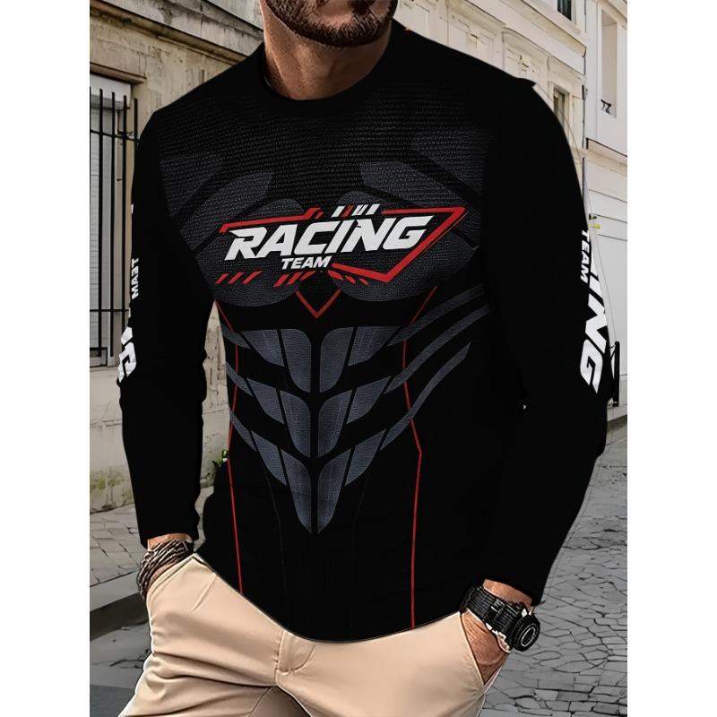 Men's Round Neck Long Sleeve T-shirt with Sports Racing Pattern Print, Fashionable Casual Base Shirt, Youth Trendy Top
