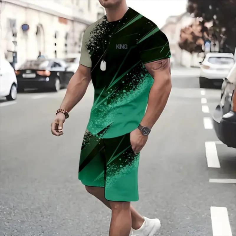Summer Fashion Casual Men's Suit Gradient 3D Printed Sportswear Short-sleeved Suit Oversized Round Neck T-shirt Shorts 2-piece