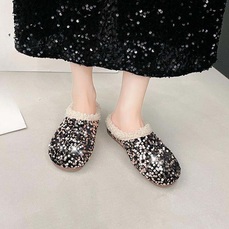 Sequin Baotou Slippers Autumn and Winter New Round Toe Deep Mouth Soft Sole Non-slip Wear-resistant Flat Shoes