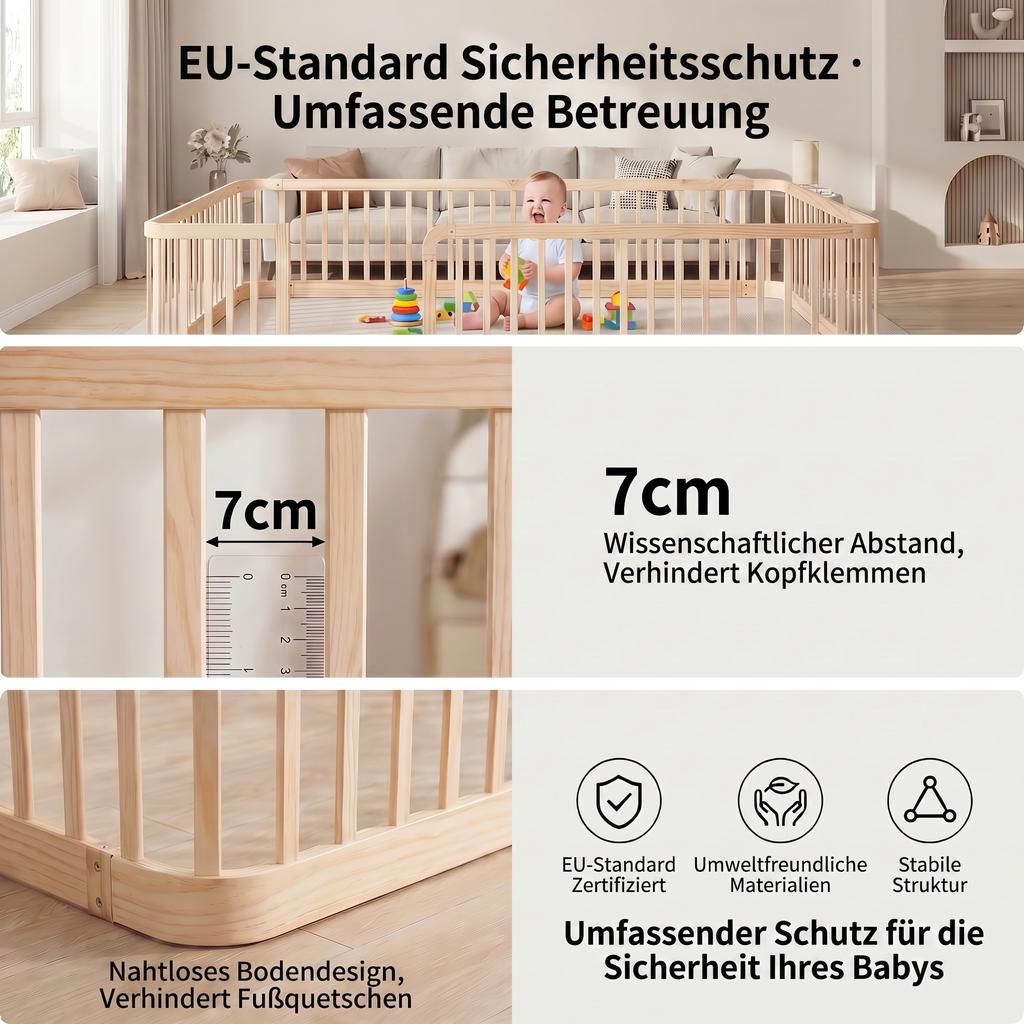 140×200cm Natural Wood Modular Baby Playpen, 7cm Standard-Compliant Gap, Rounded Edges, Universal Child Safety Fence for Indoors