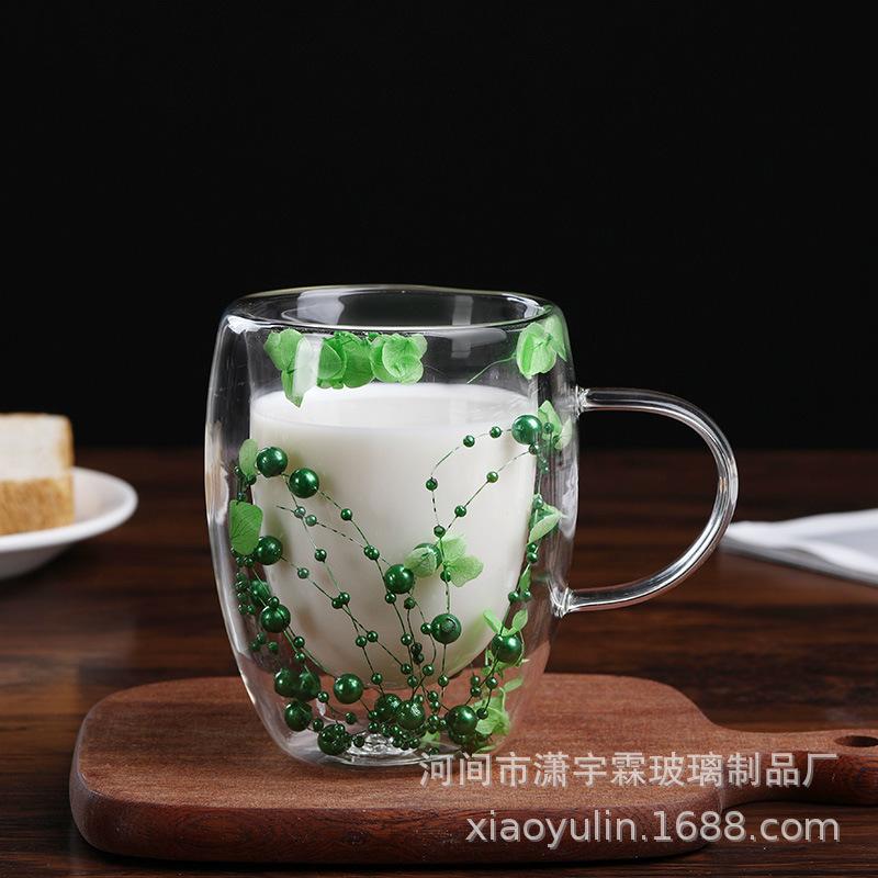 Double-layer Real Flower Cup Internet Celebrity High-value Milk Coffee Cup High Borosilicate Double-layer Glass Dried Flower Cup 350ml синий