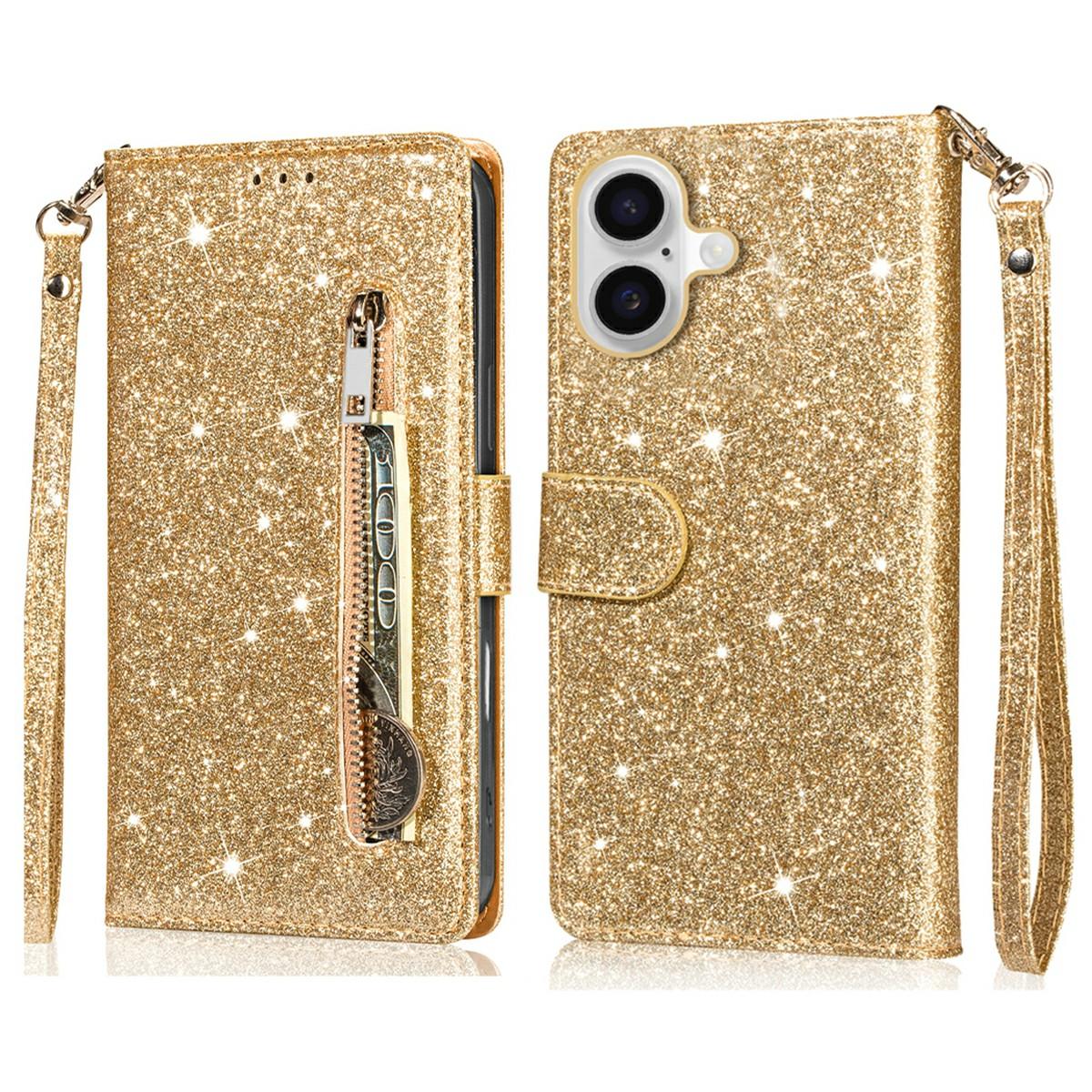 

For iPhone 17 Stand Case Glitter Phone Leather Cover Zipper Pocket E