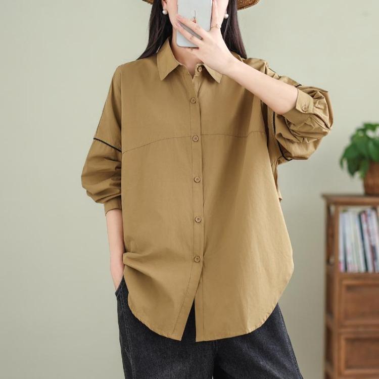 

Autumn Vintage Plus Size Women Blouse Coat Jackets Solid Basic Long Sleeve Loose Button Outerwear 2XL бежевий