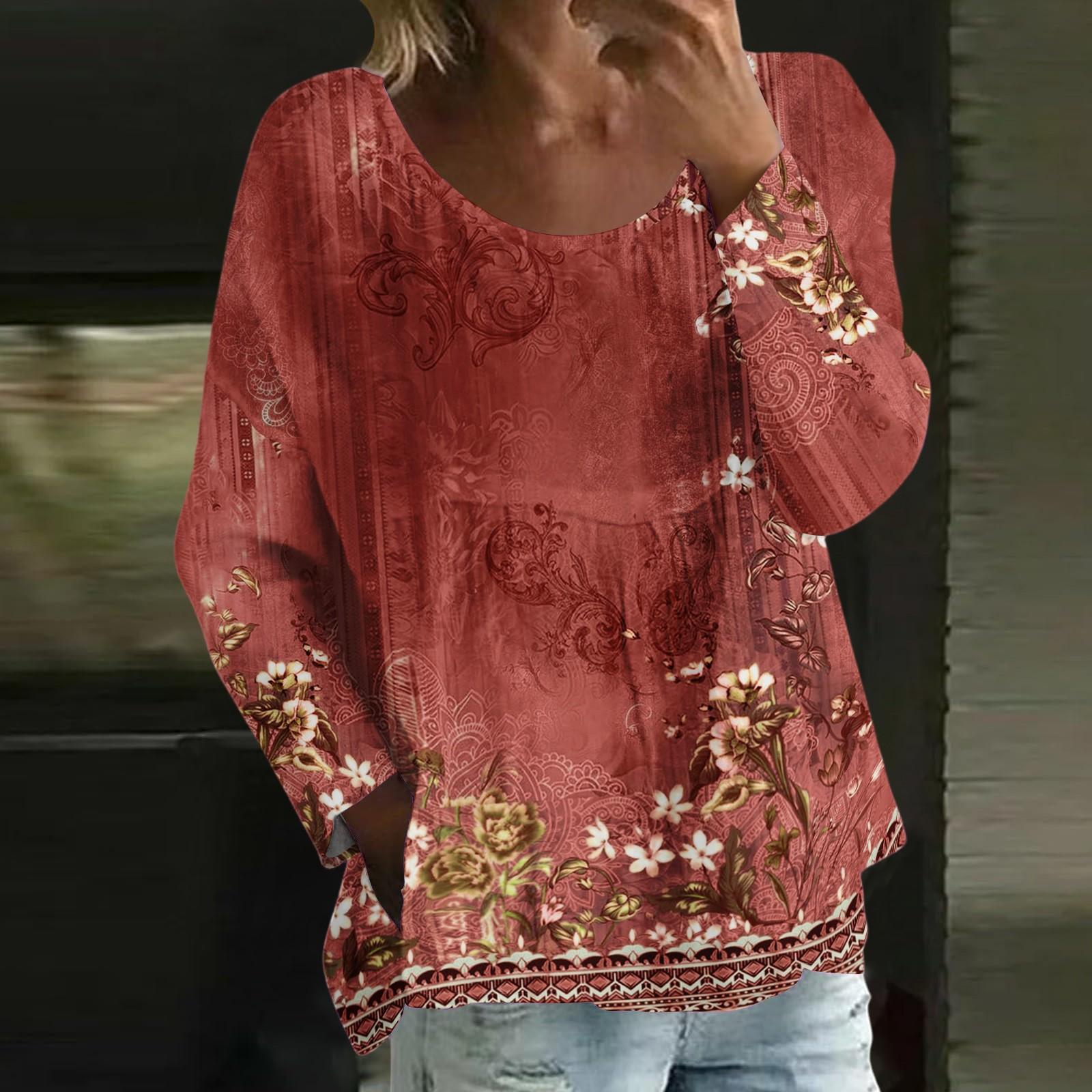 

Женский повседневный модный свободный топ с круглым вырезом и ретро-принтом, с длинным рукавом L винный