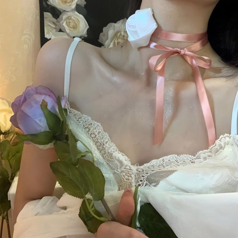 Flower Choker Necklace Soft Fabric Material Flower Choker Rose Ribbon Necklaces Cloth Accessories for Women Teen Girls