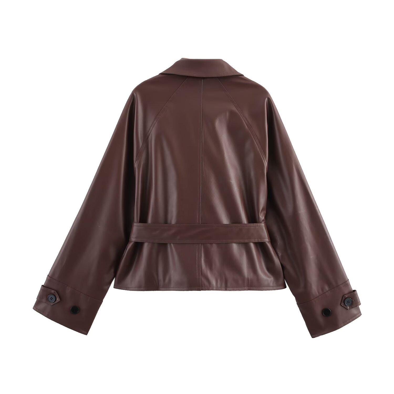 

Весна 2025 новая женская одежда искусственная кожа лацкан длинный рукав темперамент короткий тренч XS малиновый