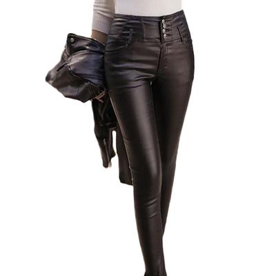 Winter Warm Women Pants Female PU Leather Velvet Trousers Elastic Pencil Skinny Tight Pants