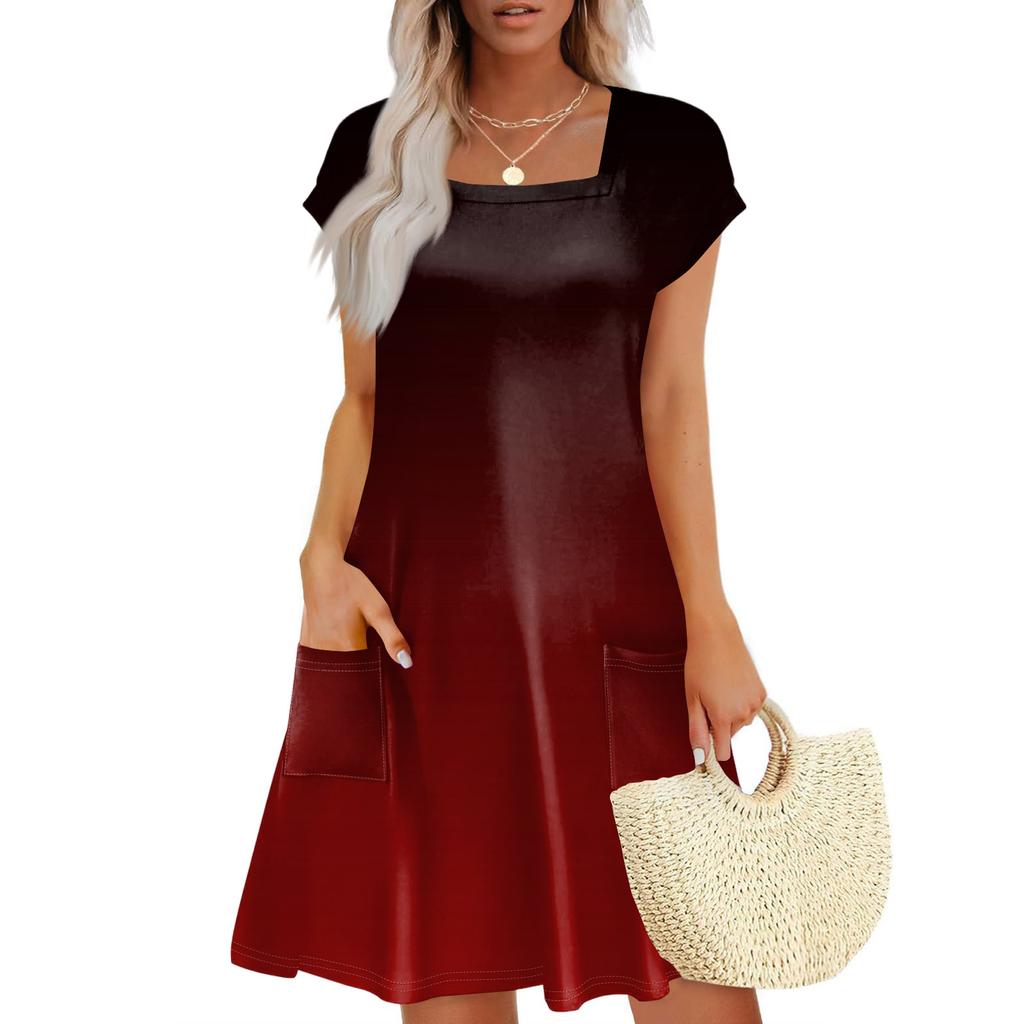 Summer Dresses For Women Loose Square Neck Cap Sleeve Casual Beach Vacation Tshirt Dress Sundresses With Pockets